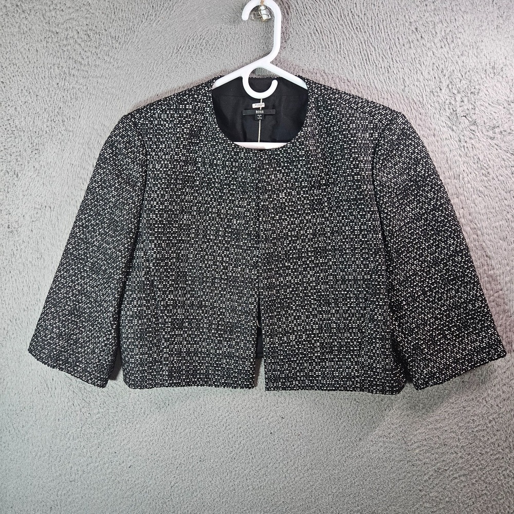 Boss Hugo Boss Open Front Cropped Blazer Women Sz 12 Tweed Black White‎